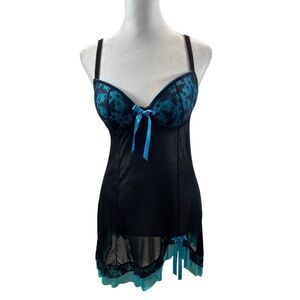Per Lei Brand black‎ and Turquoise Teddy Nightgown Size Small